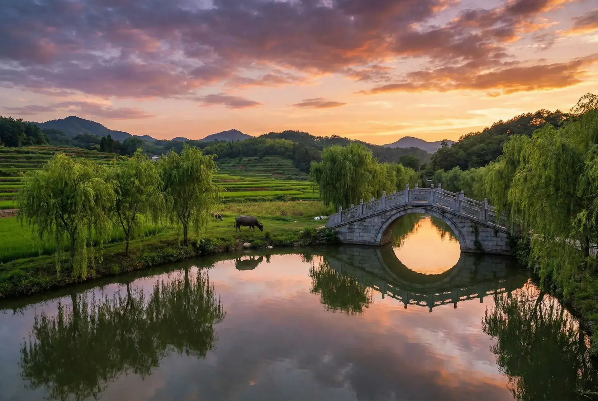 夕阳下的石拱桥与垂柳，水牛在河边吃草 - 极路由4 乡村美景